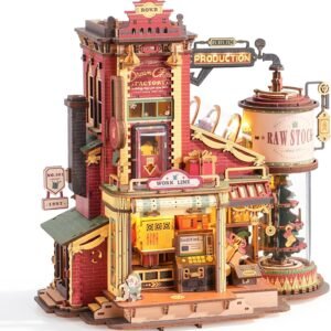ROKR 3D Puzzle for Adults Christmas Style Dream Gift Factory Wooden Model Kit Luminous Factory DIY Dollhouse Kit Building with Music, Lights and 5 Elves for Teens 14+